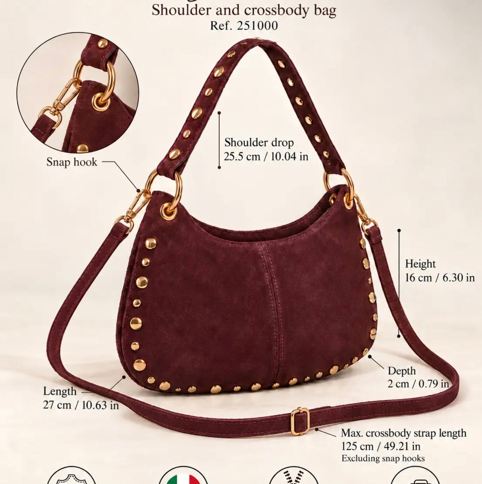 Italian Suede Leather Shoulder and Crossbody Bag - Chestnut - Blue Sky Fashions & Lingerie