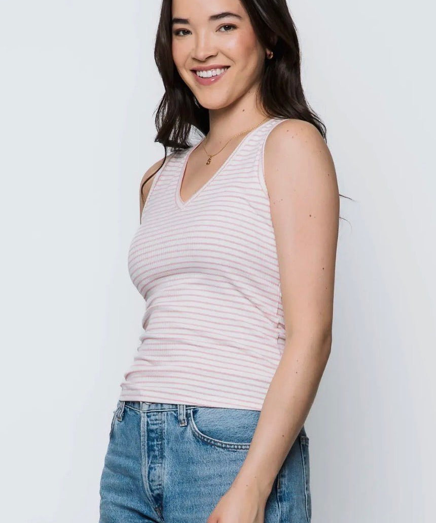 Joelle V - neck Tank by Orb - chalk pink stripe - Blue Sky Fashions & Lingerie