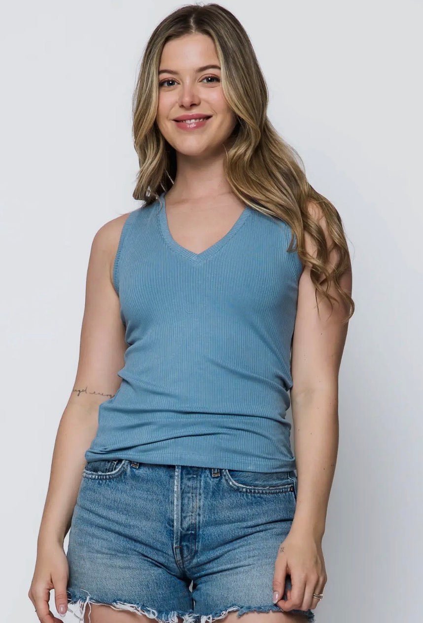 Joelle V - neck Tank by Orb - Dove Blue - Blue Sky Fashions & Lingerie