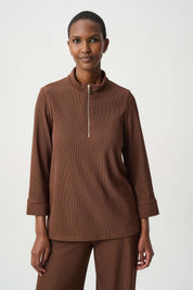Joseph Ribkoff Rib Knit Half Zip Top 264602 - Mahogany - Blue Sky Fashions & Lingerie