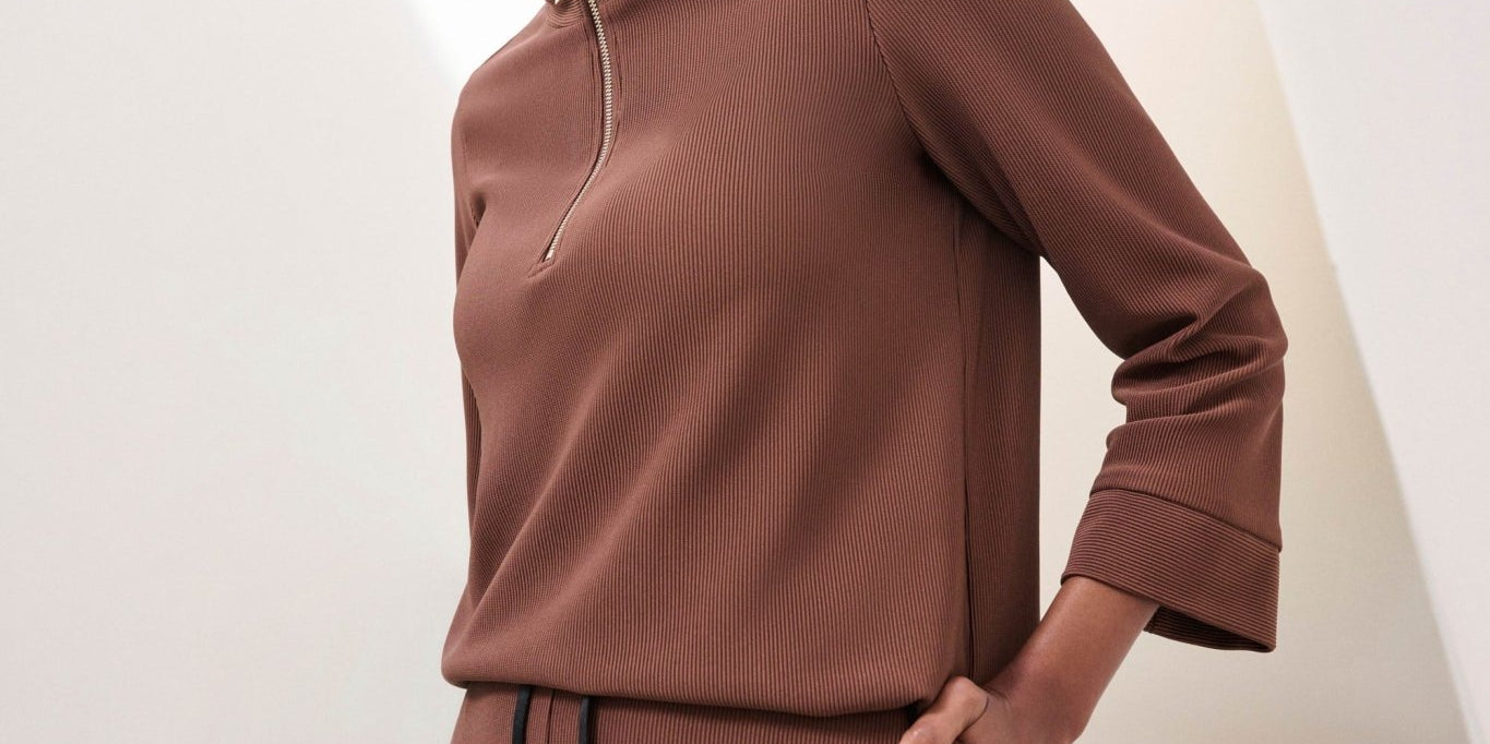 Joseph Ribkoff Rib Knit Half Zip Top 264602 - Mahogany - Blue Sky Fashions &amp; Lingerie