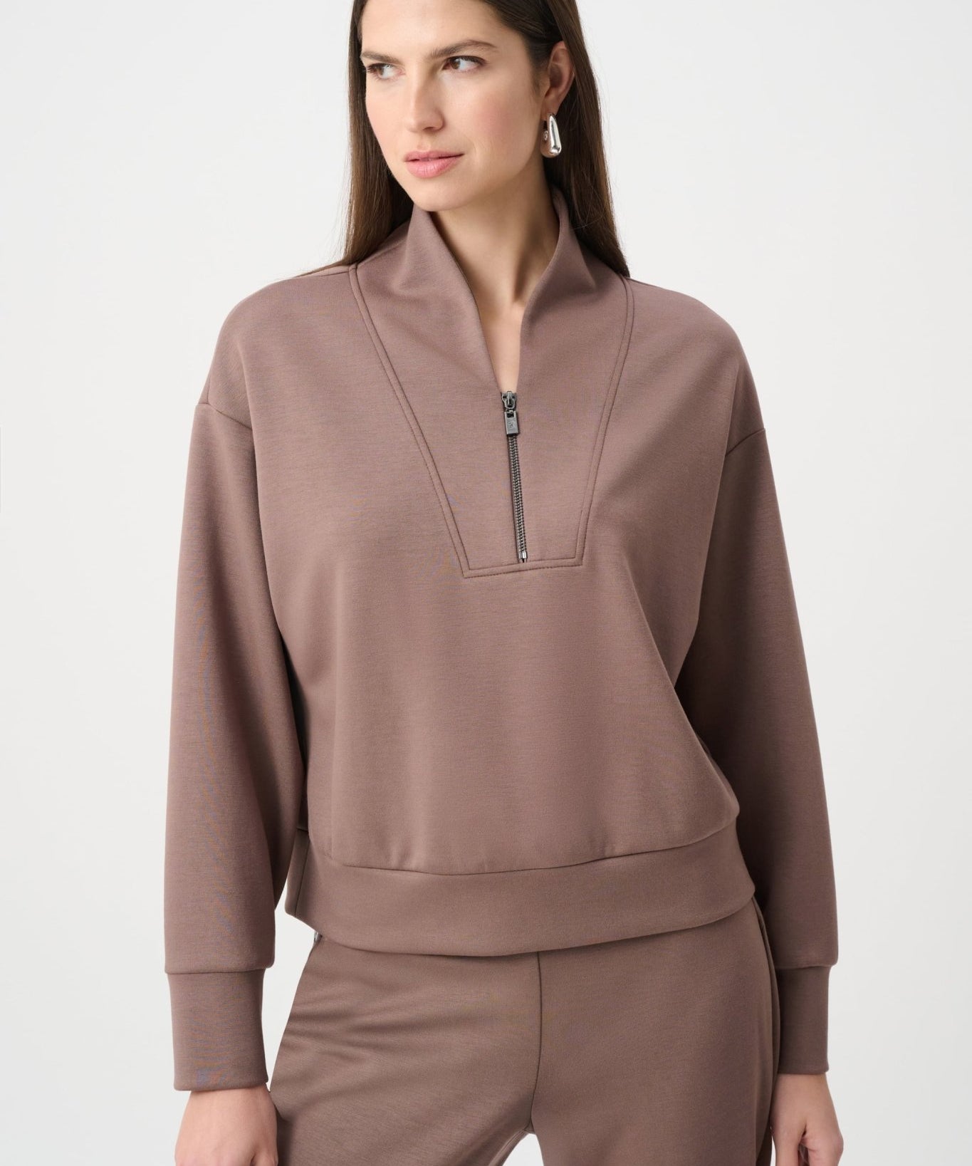 Joseph Ribkoff Scuba Jersey Boxy Sweatshirt With High Collar and Front Zipper 261610F26 Mink - Blue Sky Fashions & Lingerie
