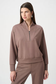 Joseph Ribkoff Scuba Jersey Boxy Sweatshirt With High Collar and Front Zipper 261610F26 Mink - Blue Sky Fashions & Lingerie
