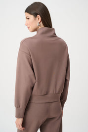 Joseph Ribkoff Scuba Jersey Boxy Sweatshirt With High Collar and Front Zipper 261610F26 Mink - Blue Sky Fashions & Lingerie