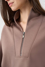Joseph Ribkoff Scuba Jersey Boxy Sweatshirt With High Collar and Front Zipper 261610F26 Mink - Blue Sky Fashions & Lingerie