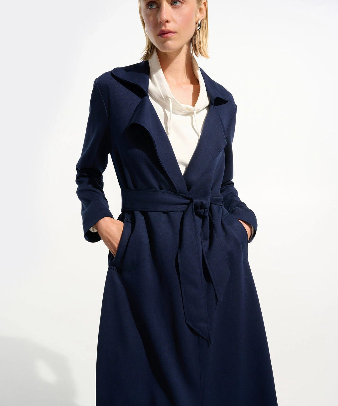 Joseph Ribkoff Scuba Jersey Coat with Sash 261602 Indigo - Blue Sky Fashions & Lingerie