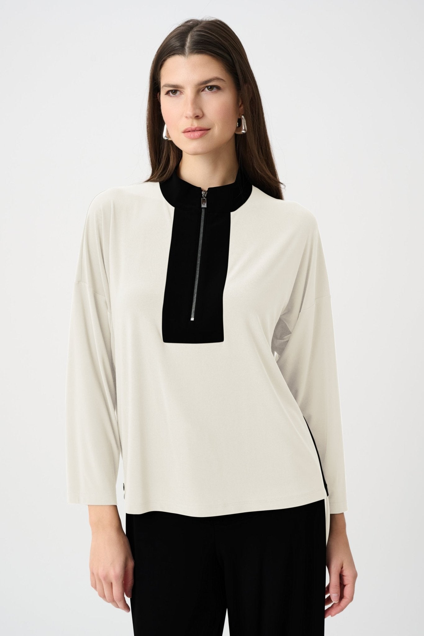 Joseph Ribkoff Silky Knit Color Block Straight Top 263606 Birch/Black - Blue Sky Fashions & Lingerie