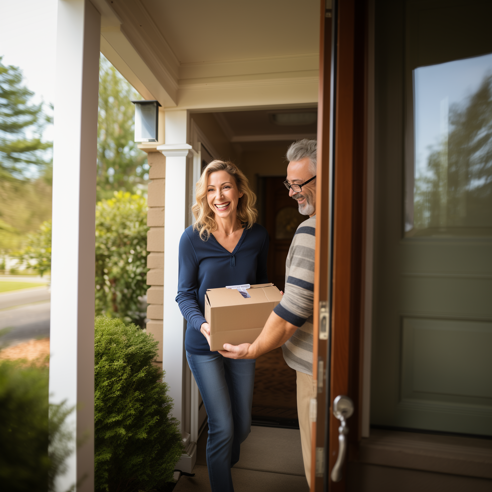 A middle aged man and woman receive a package that was shipped to them.