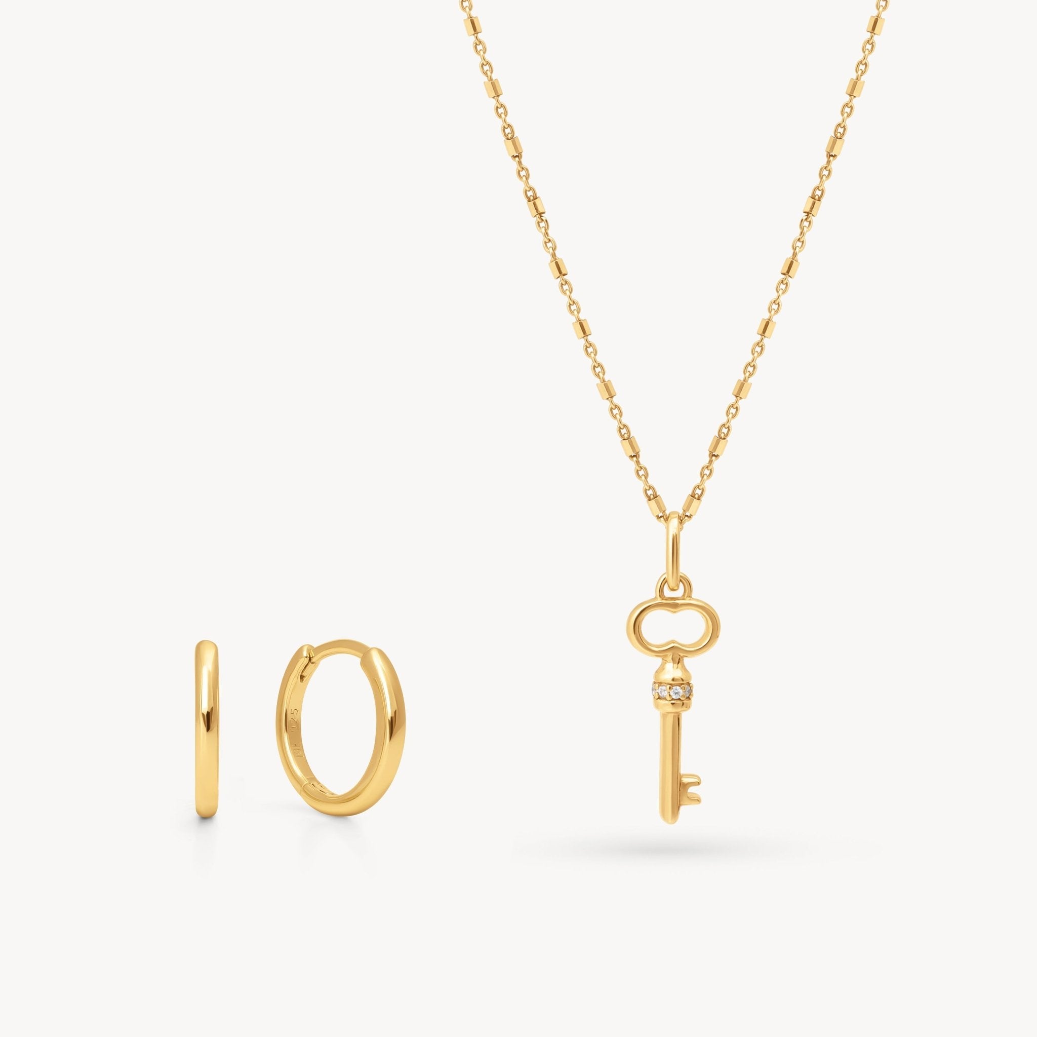 KEY TO YOUR HEART NECKLACE + SMALL HOOP EARRINGS SET - GOLD VERMEIL - Blue Sky Fashions & Lingerie