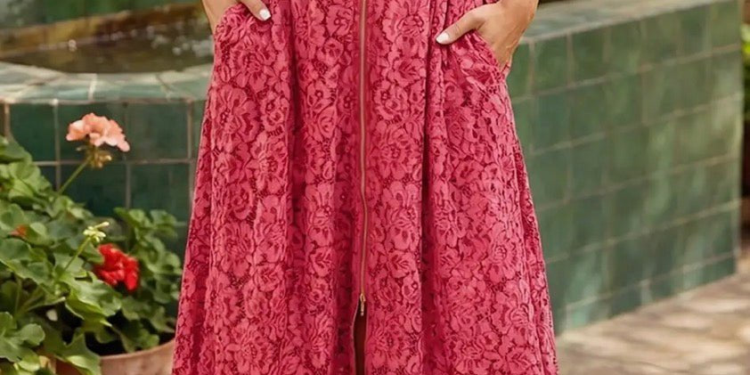 Lace Overlay Zip Up V Neck Smocked Waist Sleeveless Dress - Blue Sky Fashions &amp; Lingerie