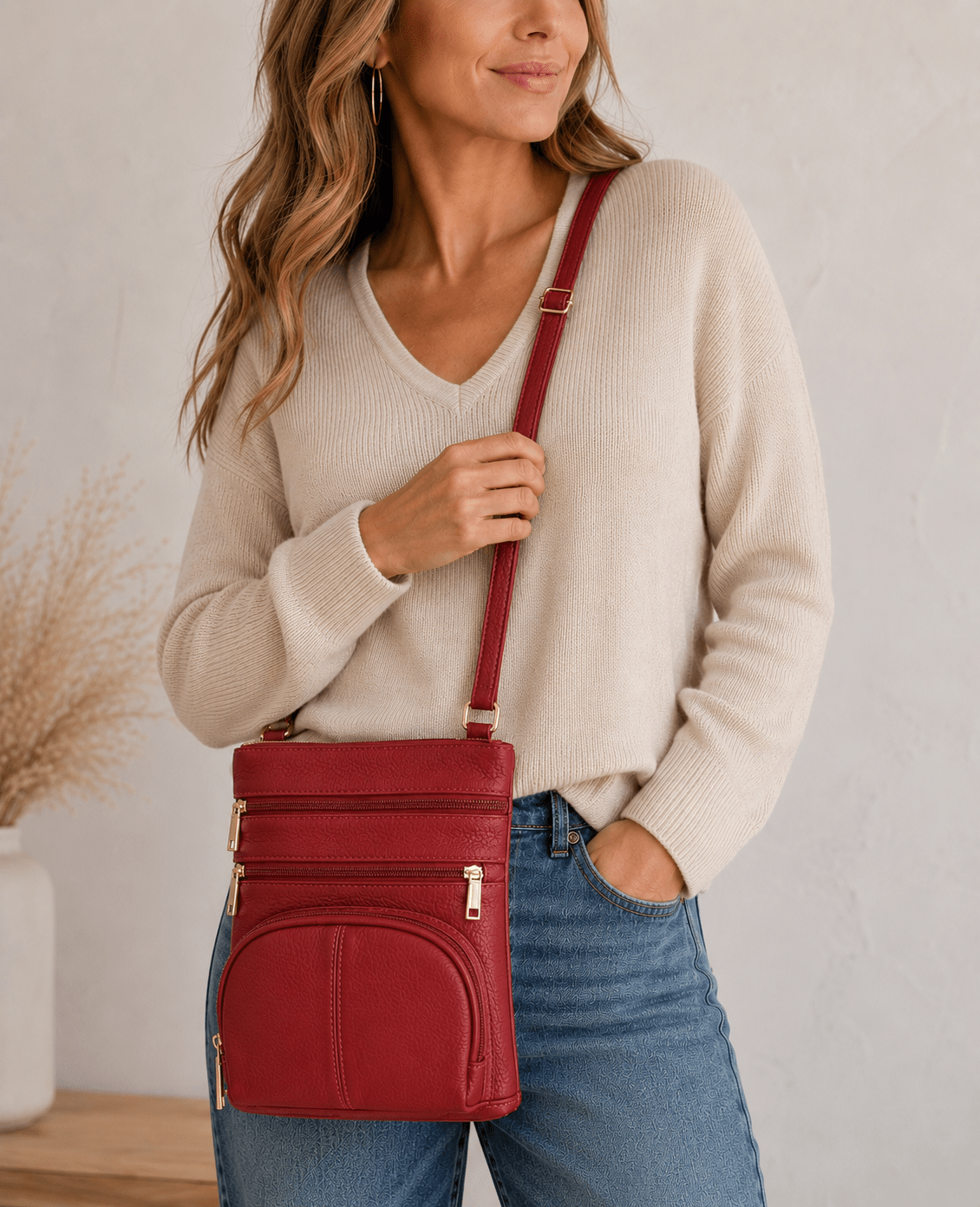 Large Leather Multi Zip Crossbody Carry-all in red - Blue Sky Fashions & Lingerie