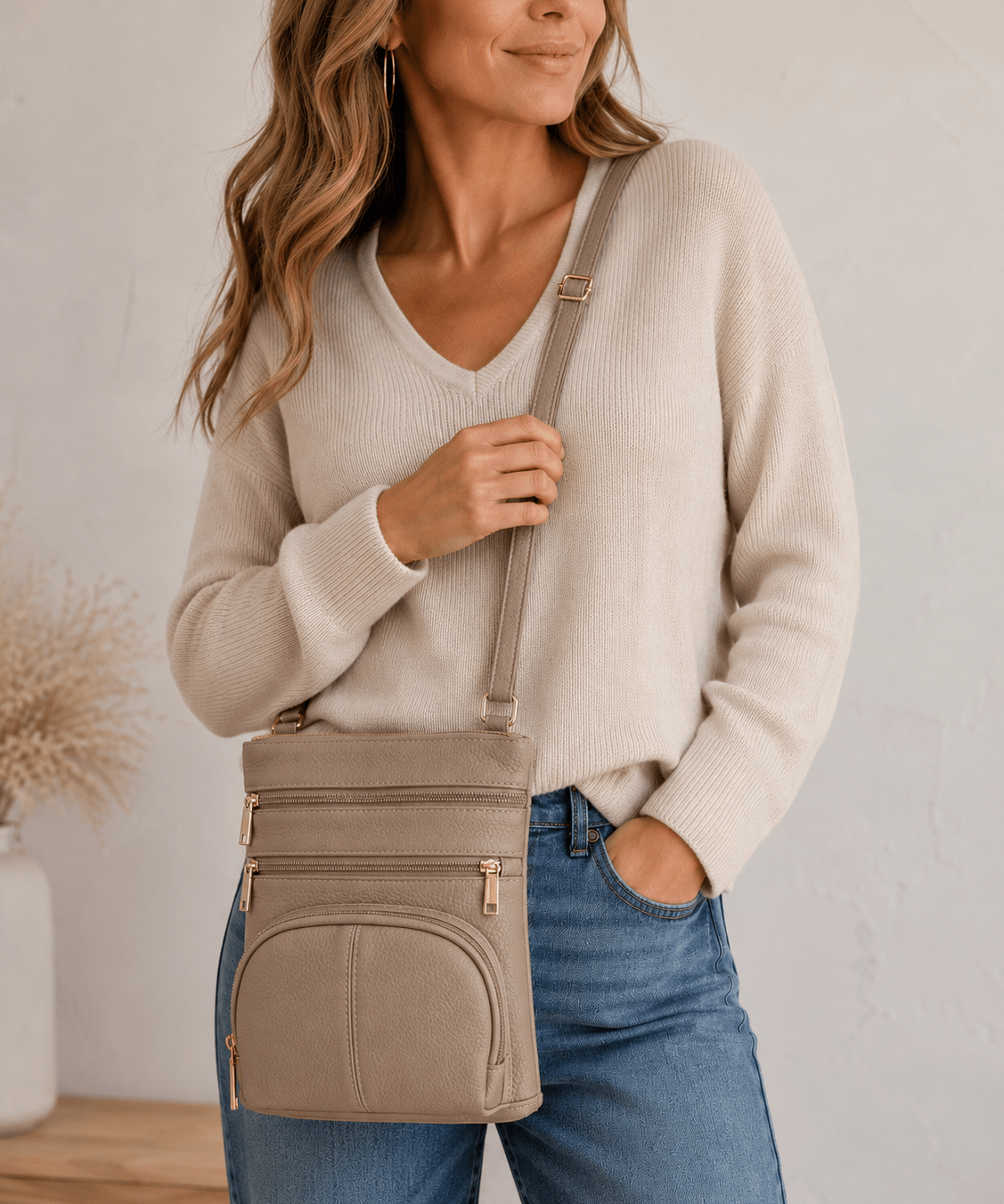 Large Leather Multi Zip Crossbody Carry-all in taupe - Blue Sky Fashions & Lingerie