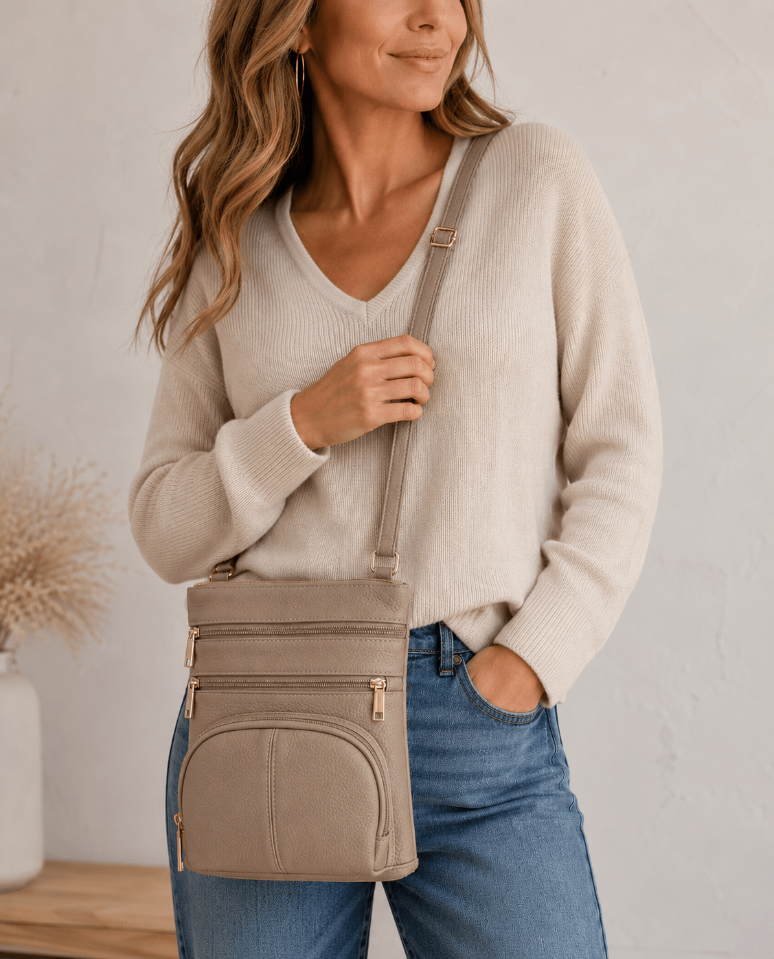 Large Leather Multi Zip Crossbody Carry-all in taupe - Blue Sky Fashions & Lingerie