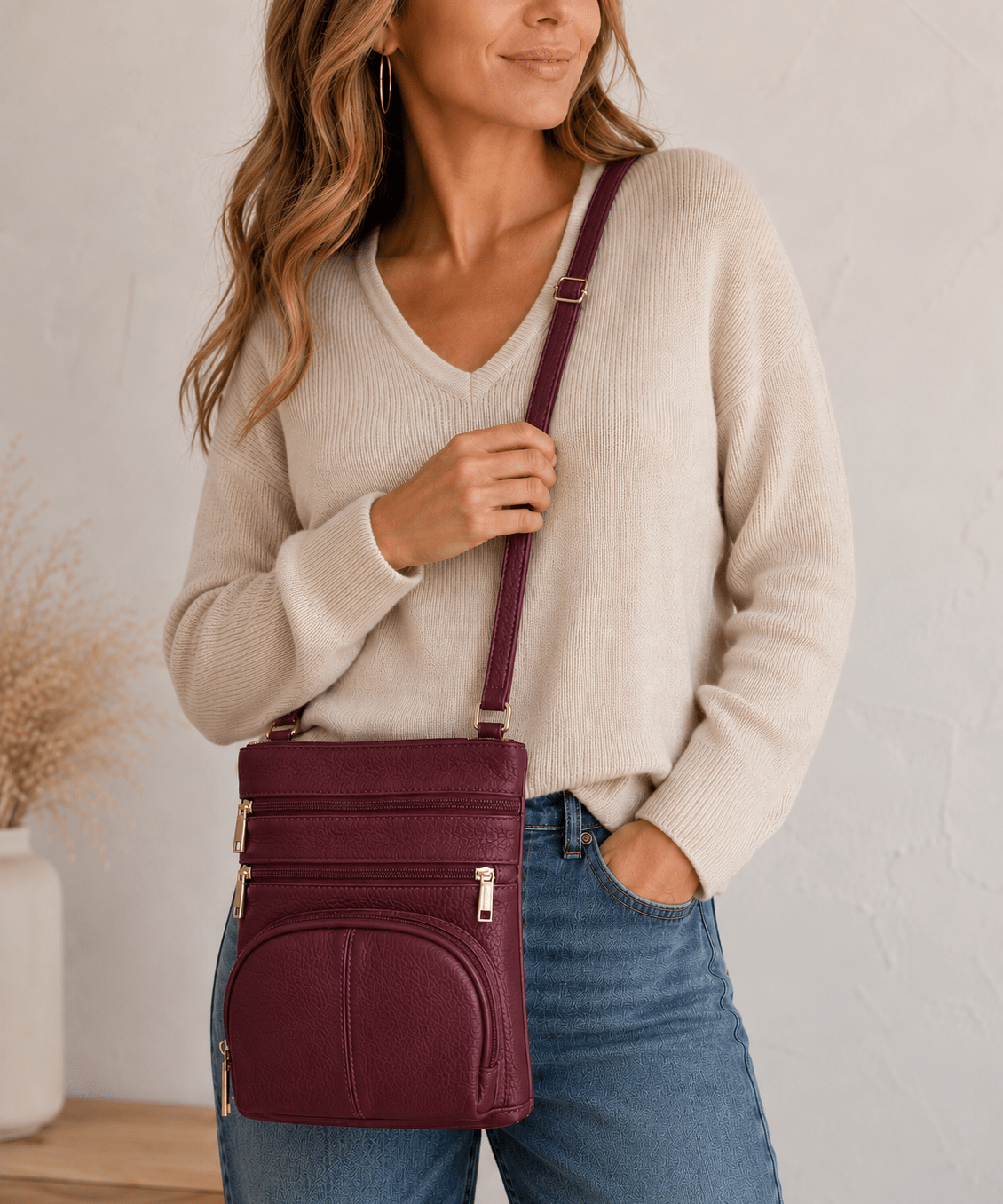 Large Leather Multi Zip Crossbody Carry-all in wine - Blue Sky Fashions & Lingerie