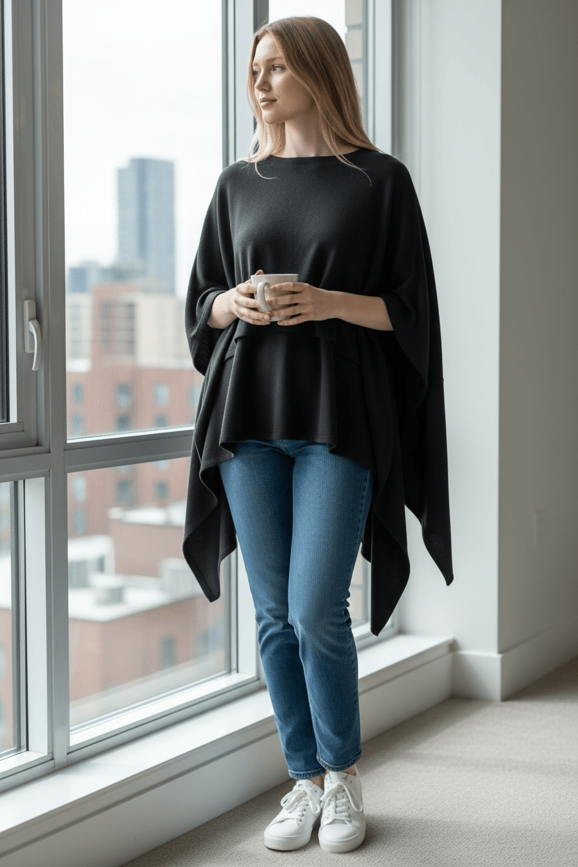 Layered knit poncho - black melange - Blue Sky Fashions & Lingerie
