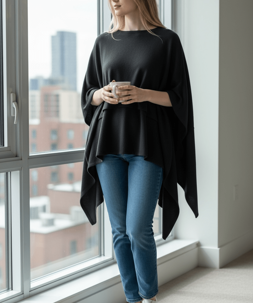 Layered knit poncho - black melange - Blue Sky Fashions & Lingerie