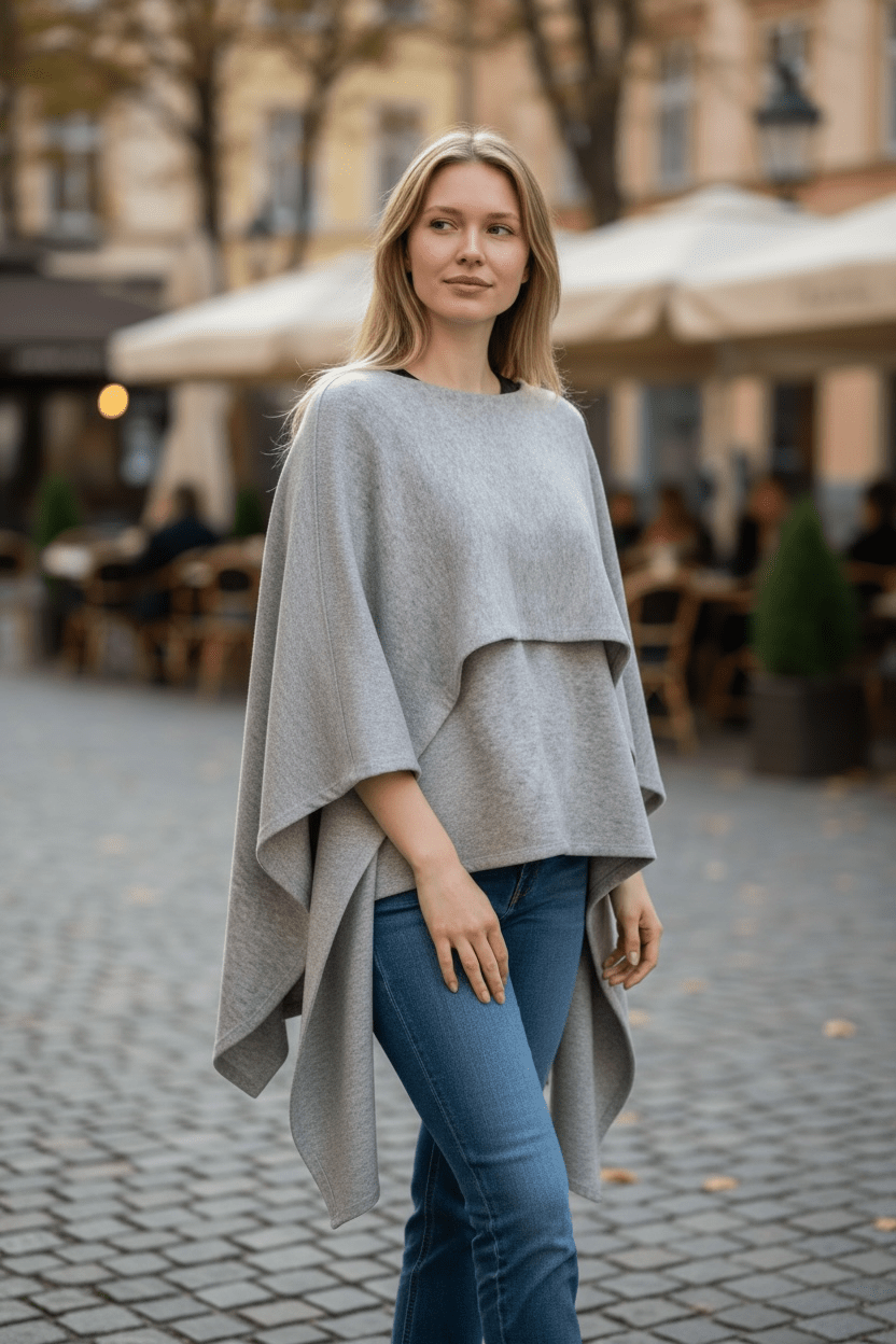 Layered knit poncho - grey melange - Blue Sky Fashions & Lingerie