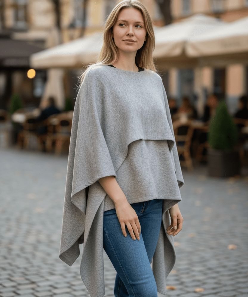 Layered knit poncho - grey melange - Blue Sky Fashions & Lingerie