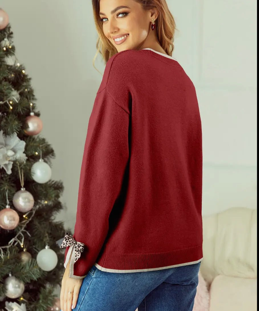 Leopard Bow Decor Split Cuff Contrast Trim Sweater - Red - Blue Sky Fashions & Lingerie