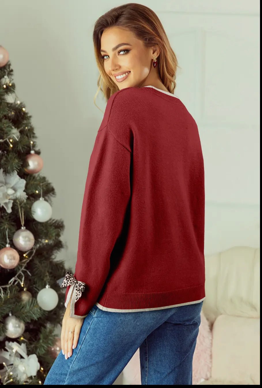Leopard Bow Decor Split Cuff Contrast Trim Sweater - Red - Blue Sky Fashions & Lingerie