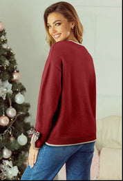Leopard Bow Decor Split Cuff Contrast Trim Sweater - Red - Blue Sky Fashions & Lingerie