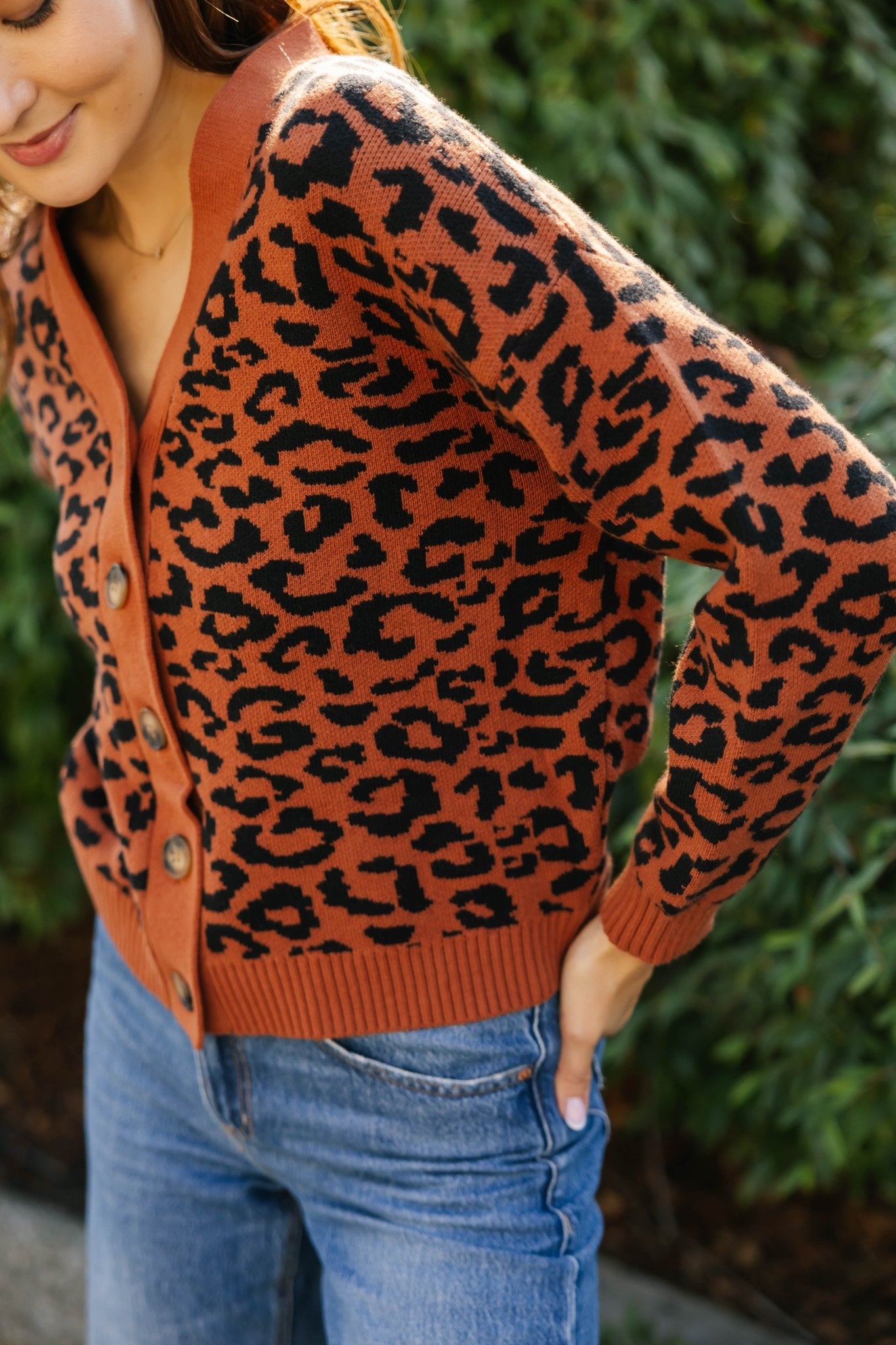 LEOPARD CARDIGAN IN RUST BROWN/MIDNIGHT BLACK - Blue Sky Fashions & Lingerie
