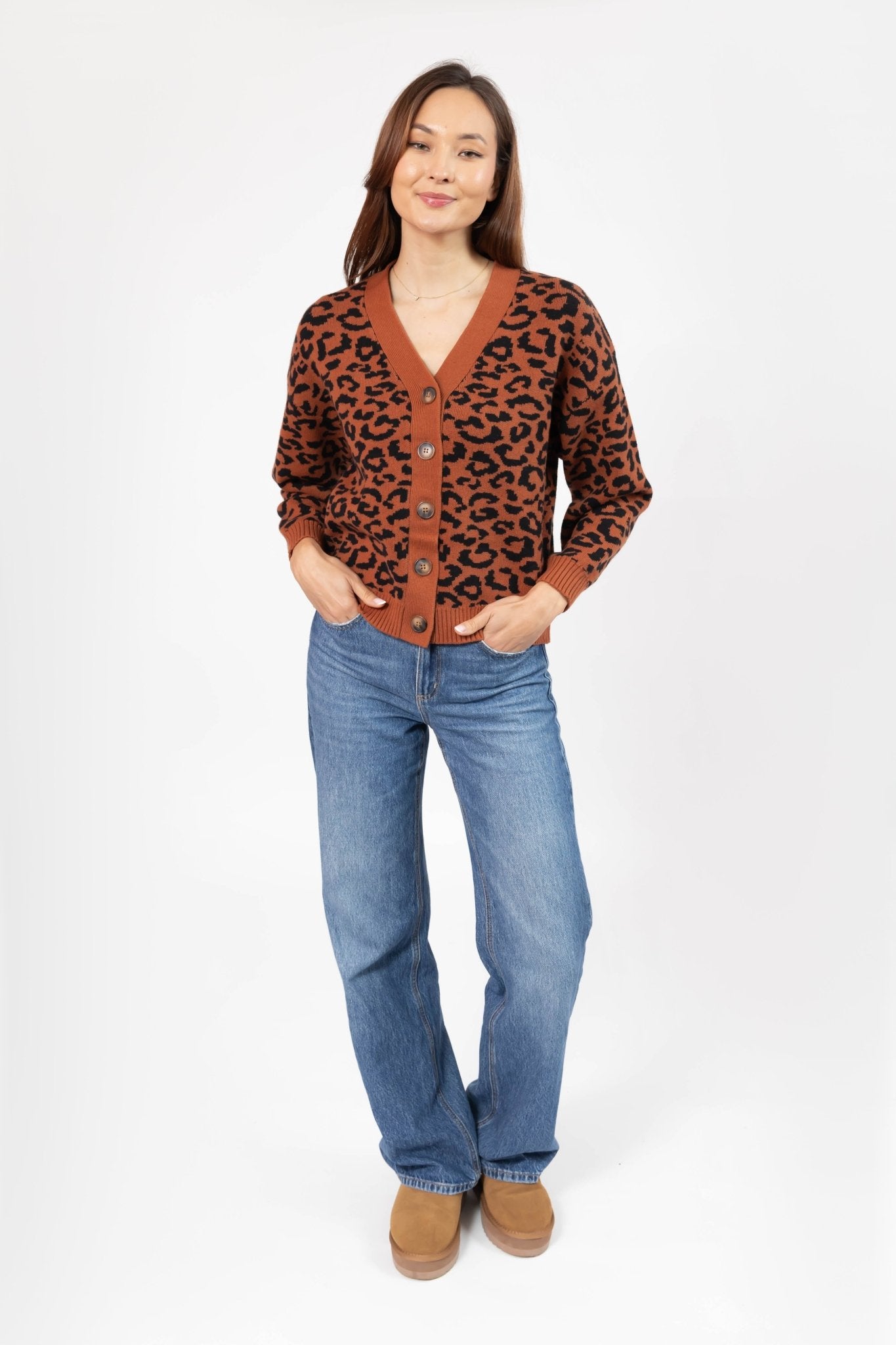 LEOPARD CARDIGAN IN RUST BROWN/MIDNIGHT BLACK - Blue Sky Fashions & Lingerie