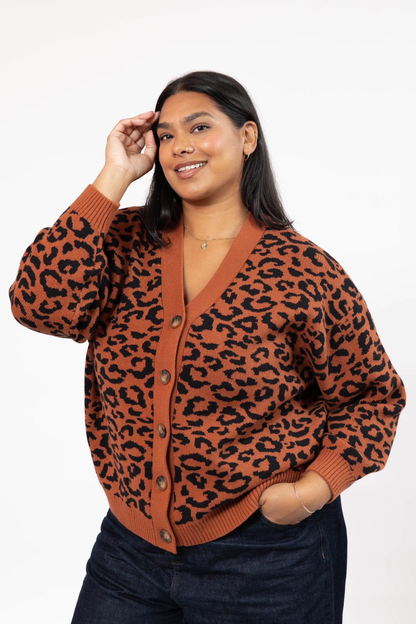 LEOPARD CARDIGAN IN RUST BROWN/MIDNIGHT BLACK - Blue Sky Fashions & Lingerie