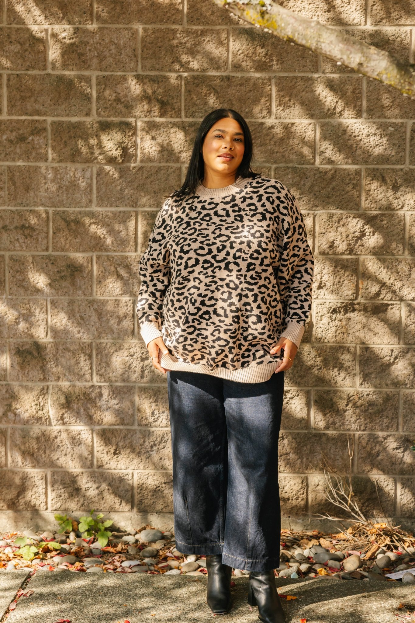 LEOPARD LONG SWEATER IN TAUPE/MIDNIGHT BLACK - Blue Sky Fashions & Lingerie