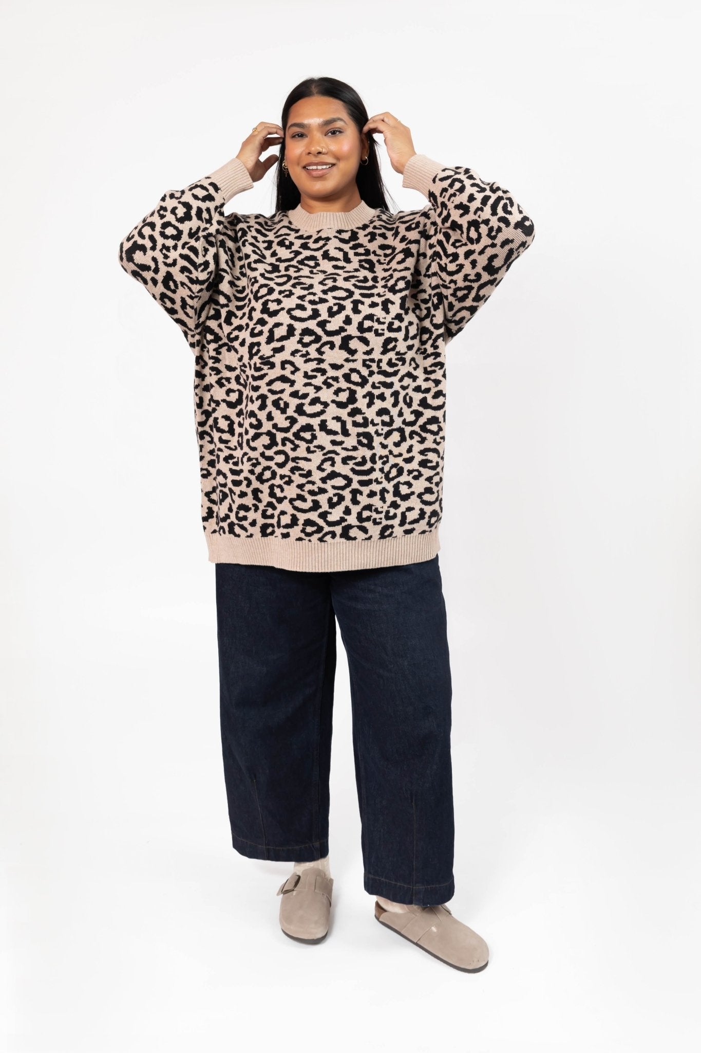 LEOPARD LONG SWEATER IN TAUPE/MIDNIGHT BLACK - Blue Sky Fashions & Lingerie