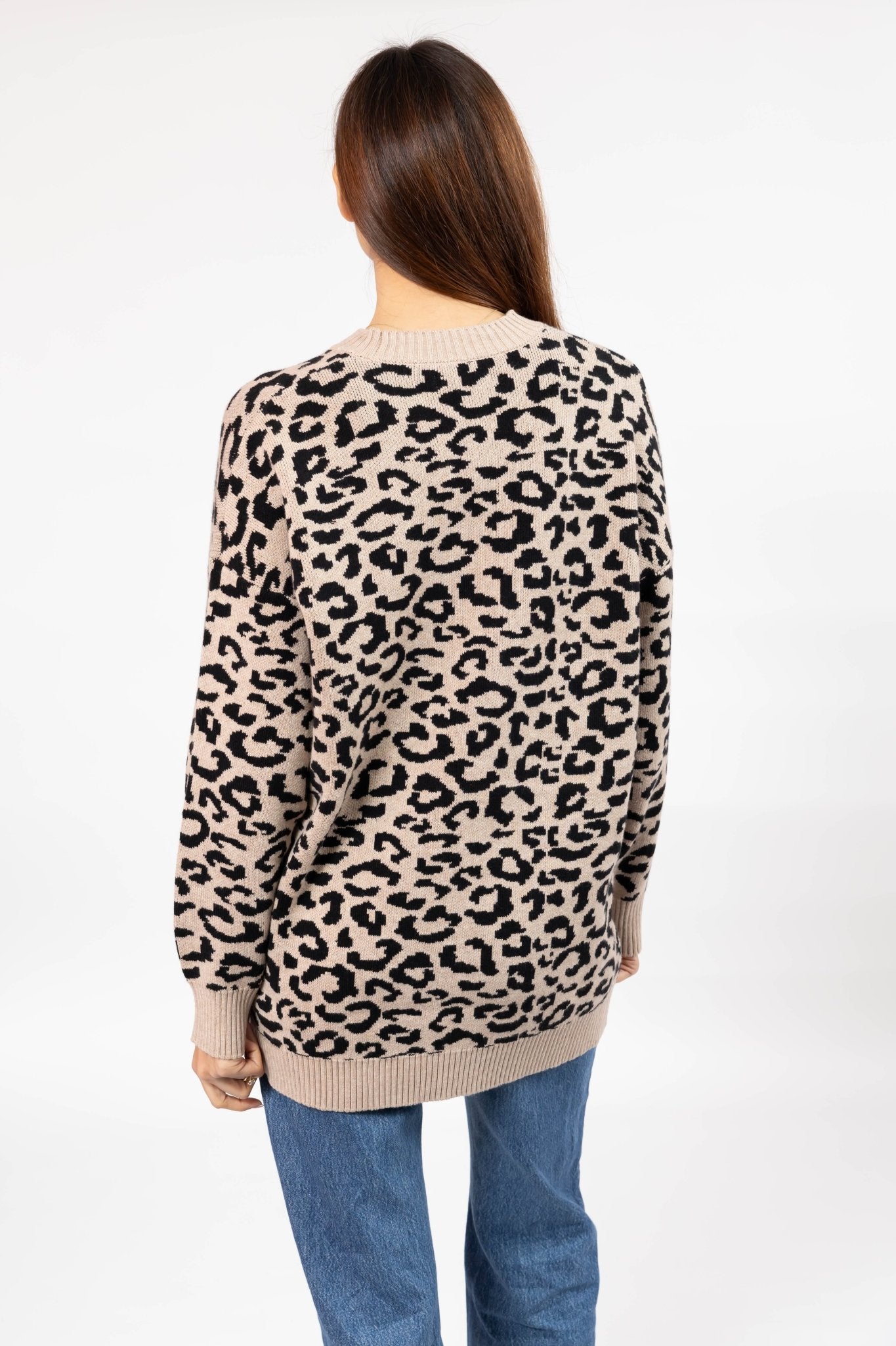 LEOPARD LONG SWEATER IN TAUPE/MIDNIGHT BLACK - Blue Sky Fashions & Lingerie