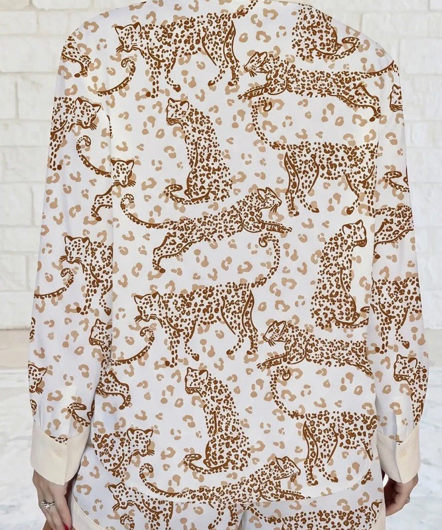 Leopard Print Collar Long Sleeve Shirt & Shorts Pajama Set - Blue Sky Fashions & Lingerie