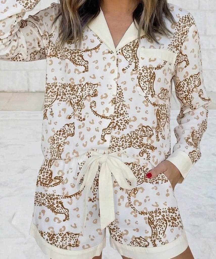 Leopard Print Collar Long Sleeve Shirt & Shorts Pajama Set - Blue Sky Fashions & Lingerie