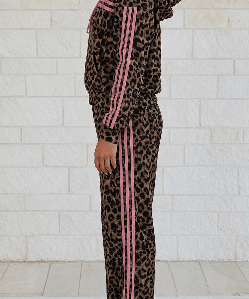 Leopard Print Contrast Striped Long Sleeve Top Pant Set - Blue Sky Fashions & Lingerie