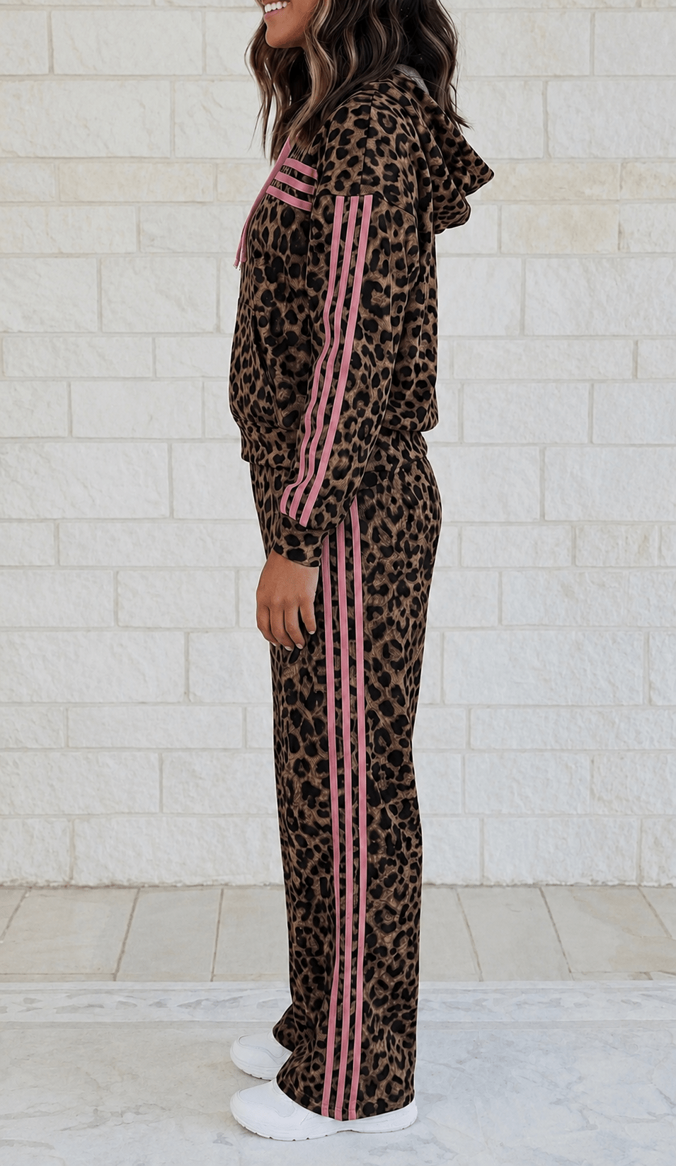 Leopard Print Contrast Striped Long Sleeve Top Pant Set - Blue Sky Fashions & Lingerie