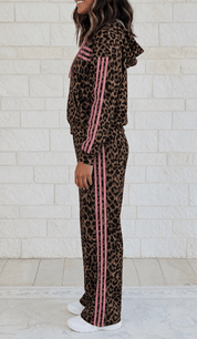Leopard Print Contrast Striped Long Sleeve Top Pant Set - Blue Sky Fashions & Lingerie