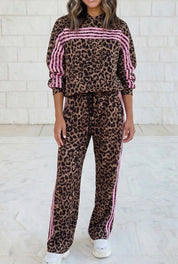 Leopard Print Contrast Striped Long Sleeve Top Pant Set - Blue Sky Fashions & Lingerie