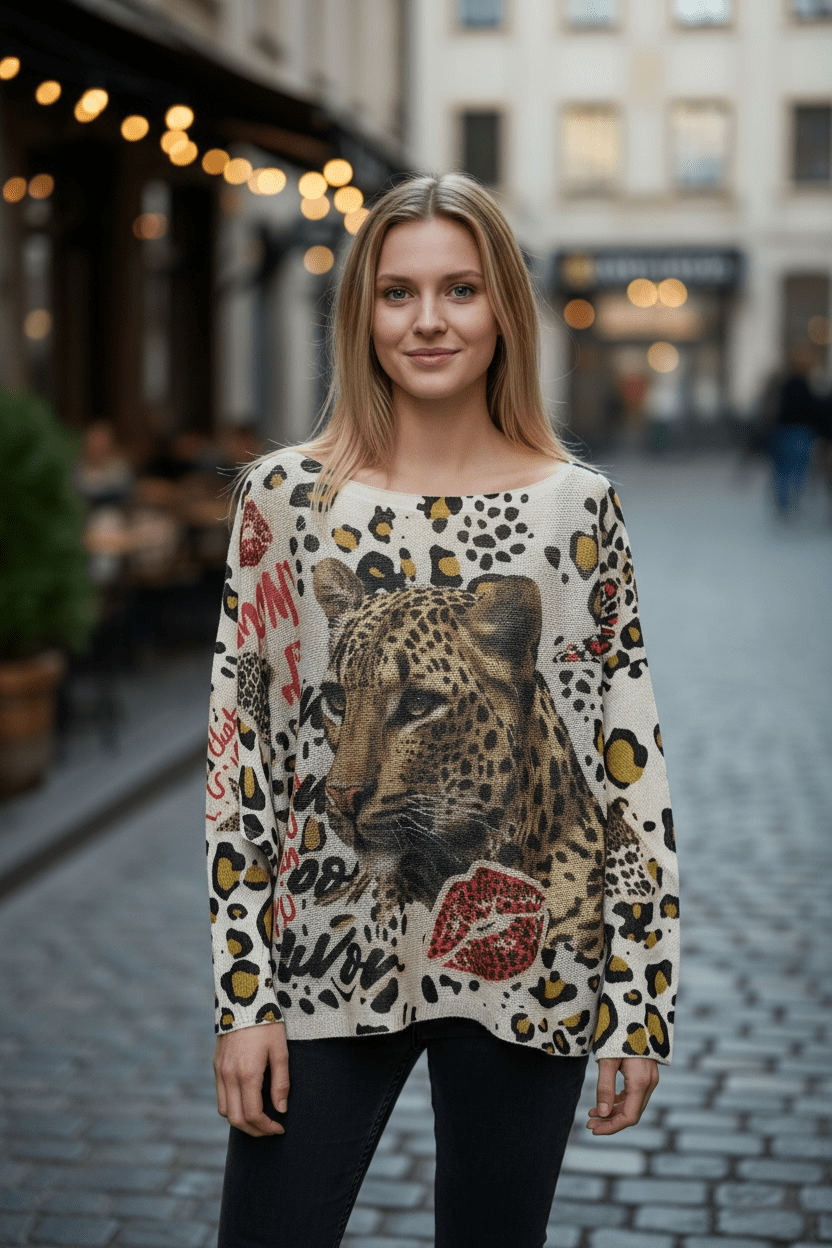 Lightweight sweater - Cheetah/lips - Blue Sky Fashions & Lingerie