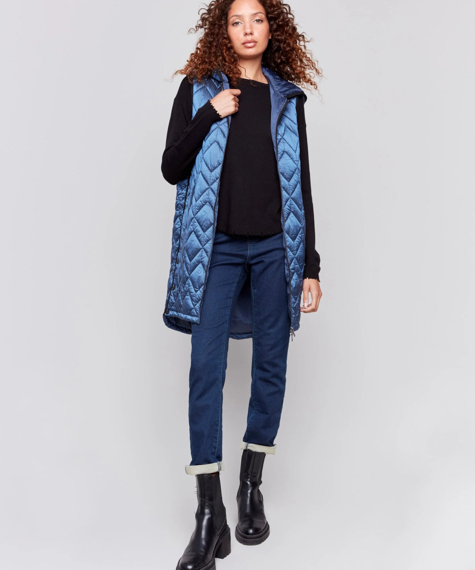 Long Quilted Puffer Vest with Hood - Glacier - Blue Sky Fashions & Lingerie