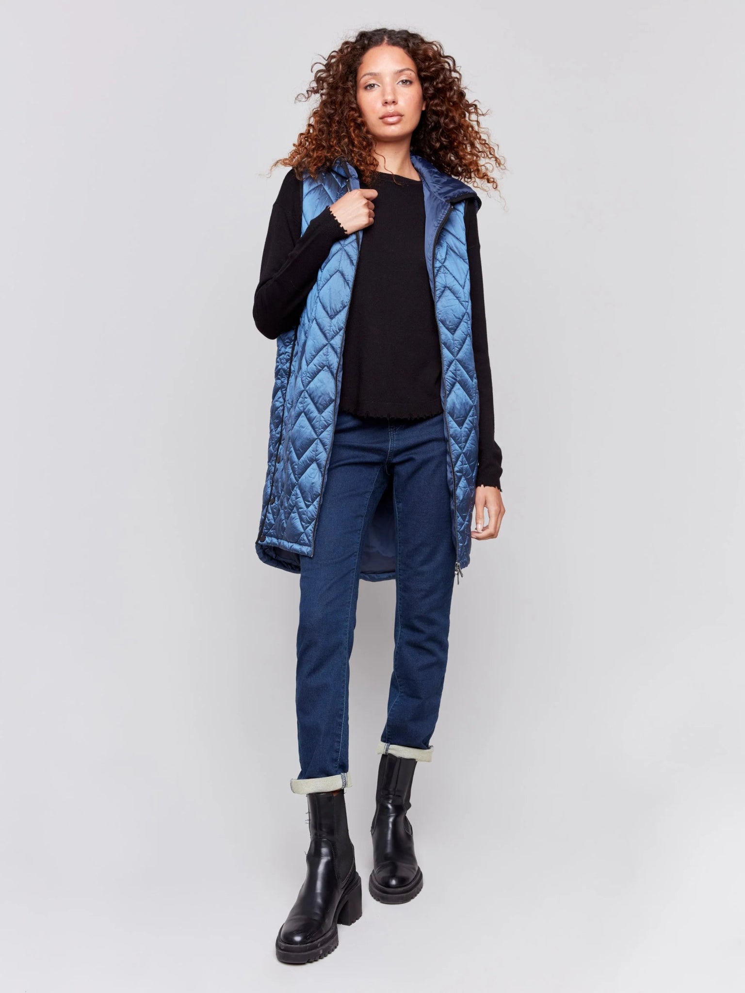 Long Quilted Puffer Vest with Hood - Glacier - Blue Sky Fashions & Lingerie