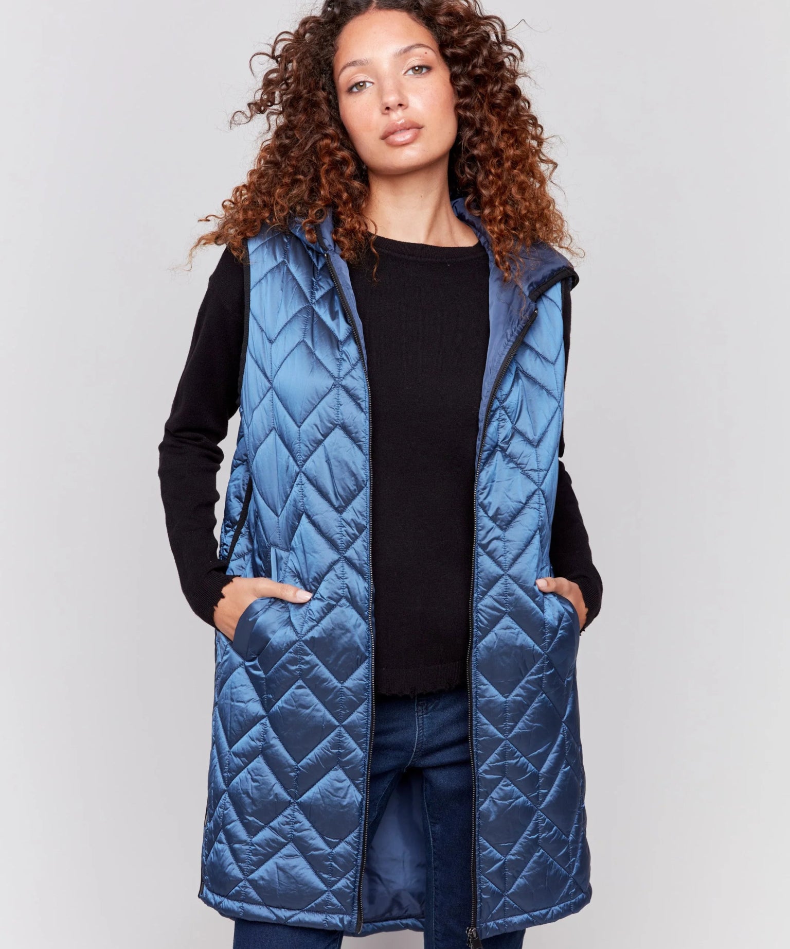 Long Quilted Puffer Vest with Hood - Glacier - Blue Sky Fashions & Lingerie