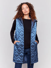 Long Quilted Puffer Vest with Hood - Glacier - Blue Sky Fashions & Lingerie