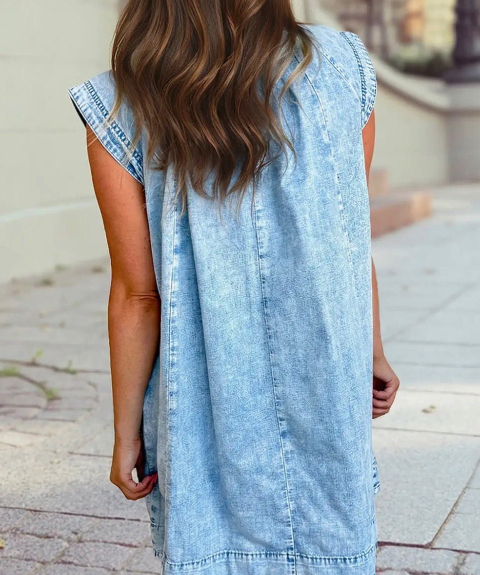 Loose Cap Sleeve Pleated Babydoll Denim Dress with Pockets - Blue Sky Fashions & Lingerie