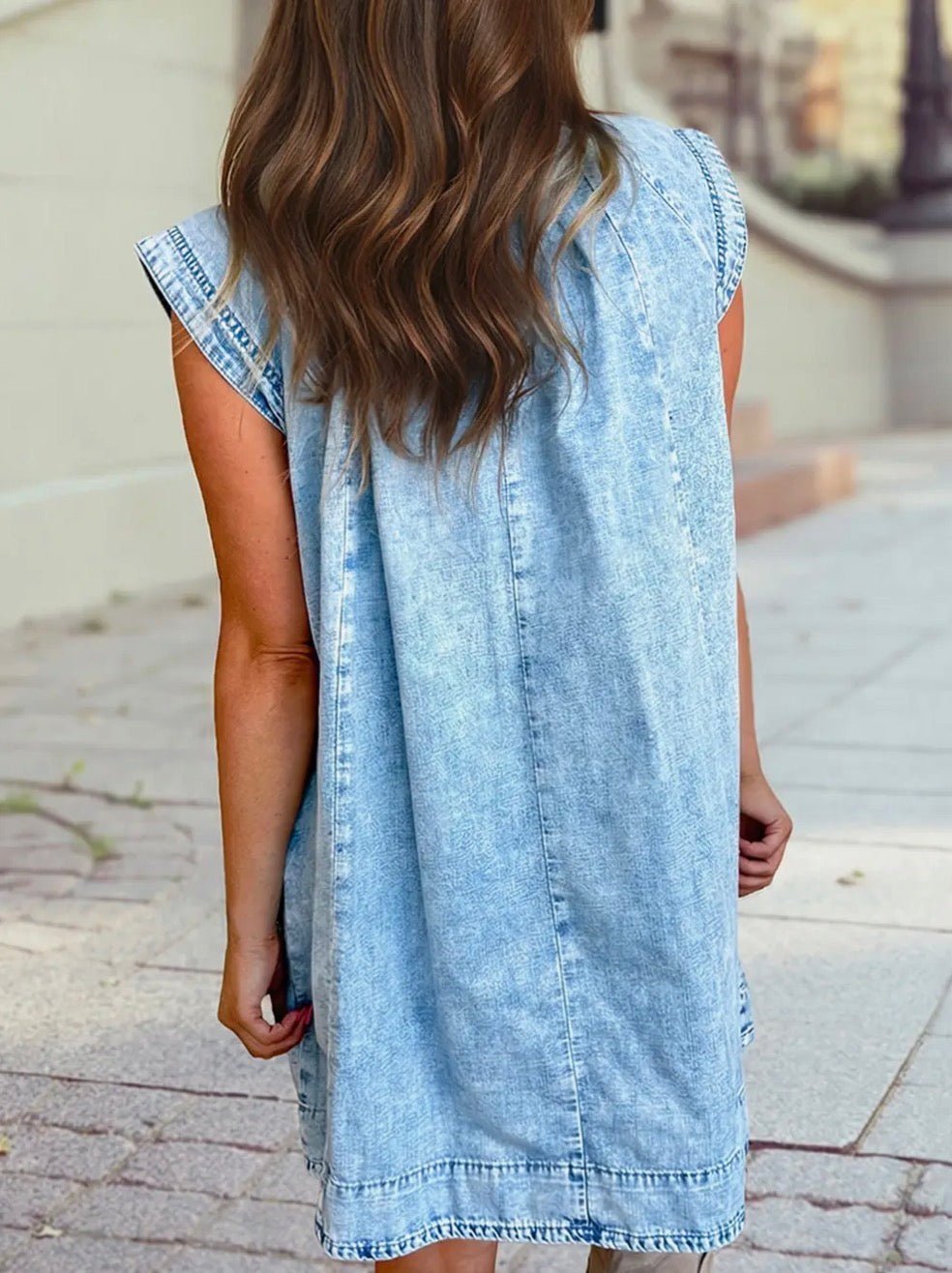 Loose Cap Sleeve Pleated Babydoll Denim Dress with Pockets - Blue Sky Fashions & Lingerie