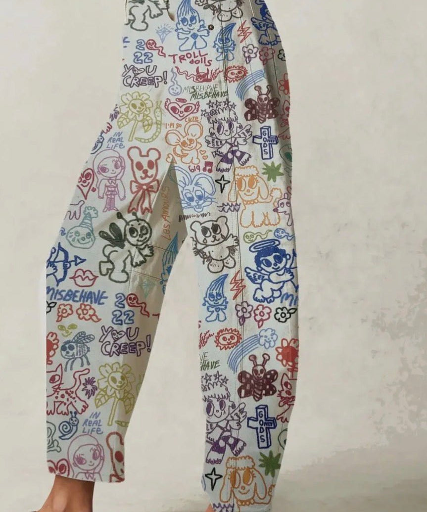 Love Star Cartoon Print Loose Midi Waist Jeans - Blue Sky Fashions & Lingerie