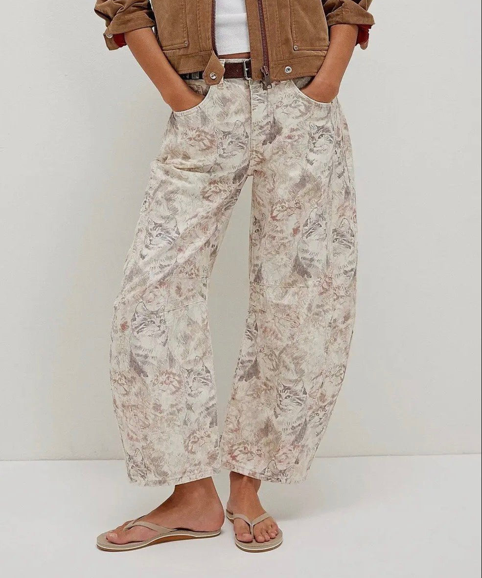 Love Star Cat Print Loose Midi Waist Jeans - Blue Sky Fashions & Lingerie