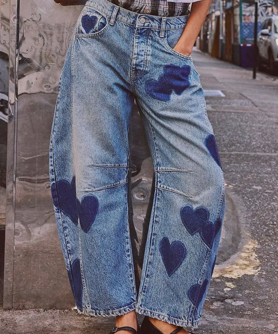 Love Star Heart Print Loose Midi Waist Jeans - Blue Sky Fashions & Lingerie