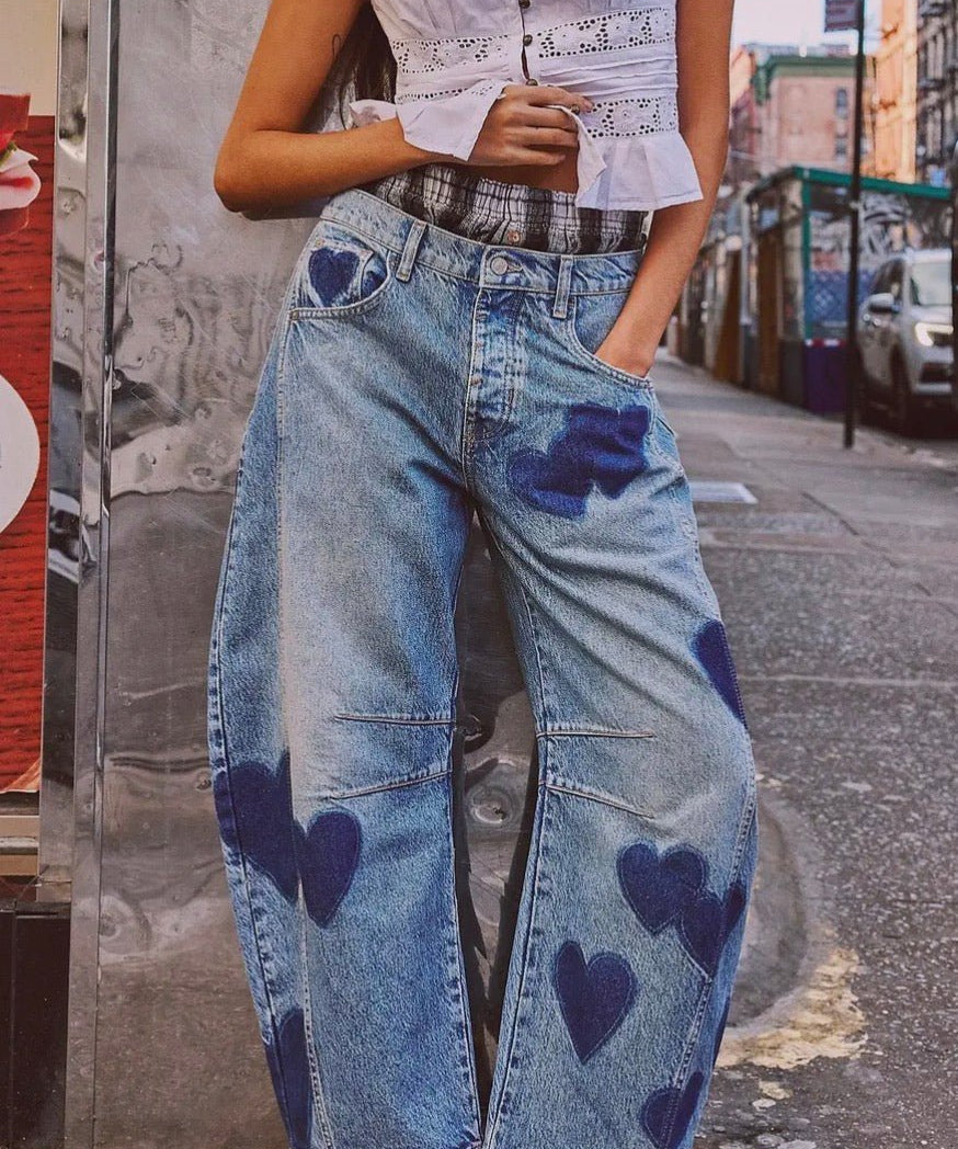 Love Star Heart Print Loose Midi Waist Jeans - Blue Sky Fashions & Lingerie