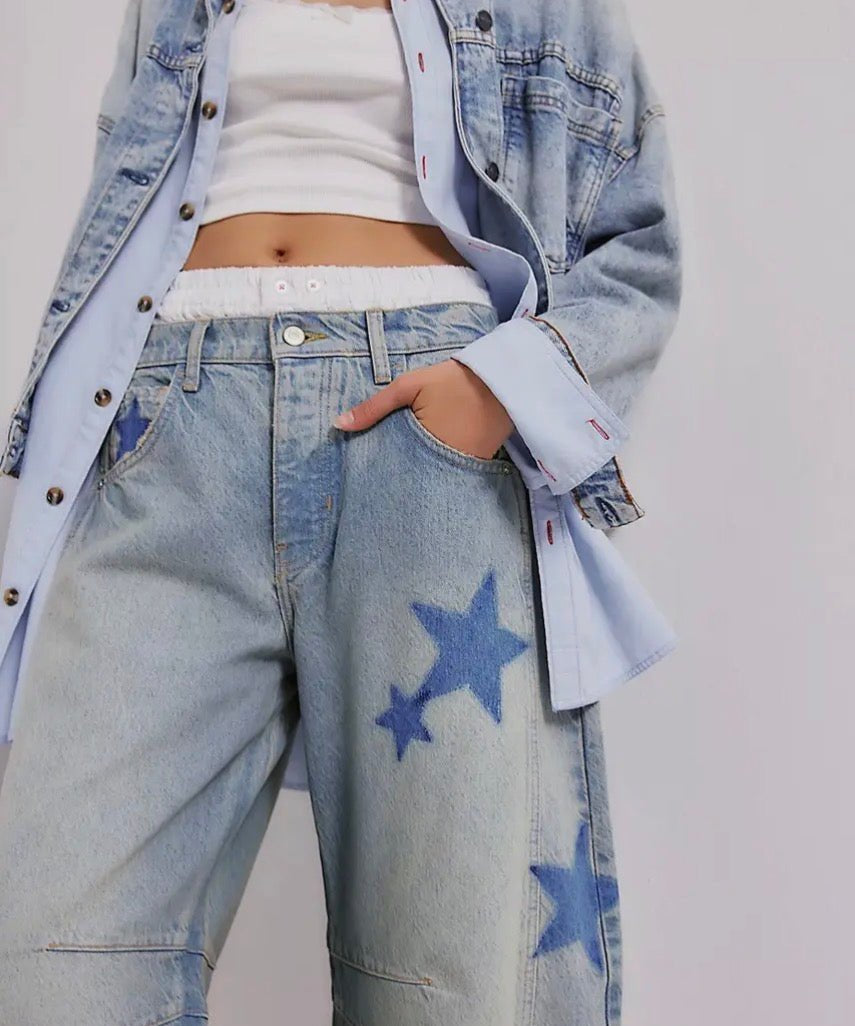 Love Star Print Loose Midi Waist Jeans - Blue Sky Fashions & Lingerie
