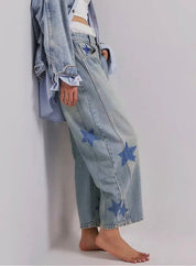 Love Star Print Loose Midi Waist Jeans - Blue Sky Fashions & Lingerie